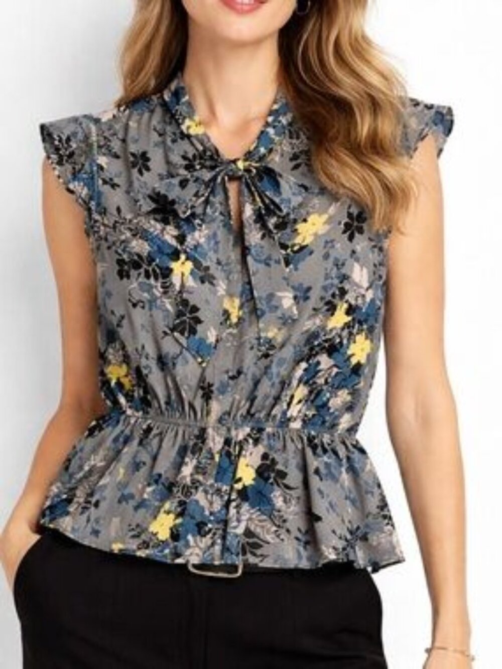 LOFT Gray Floral Sheer Peplum Blouse Bow Tie Neck | Small Petite 🌼